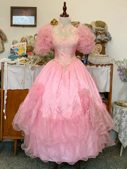 Sweet 16 Dress Ball Gown High Neck Pink With Lace Appliques Vestido De 15 Sweet Sixteen Dress RB9722