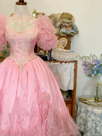 Sweet 16 Dress Ball Gown High Neck Pink With Lace Appliques Vestido De 15 Sweet Sixteen Dress RB9722