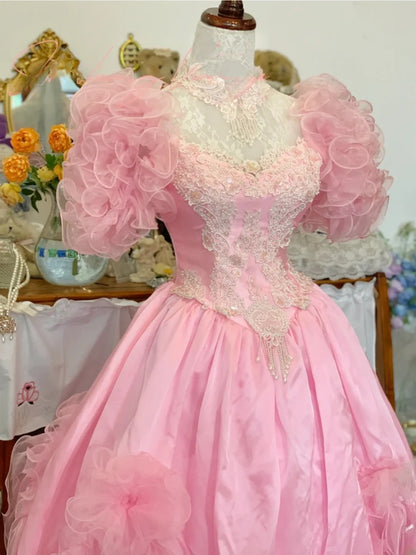 Sweet 16 Dress Ball Gown High Neck Pink With Lace Appliques Vestido De 15 Sweet Sixteen Dress RB9722