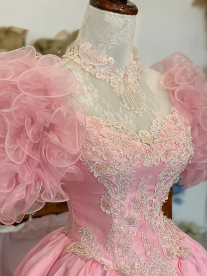 Sweet 16 Dress Ball Gown High Neck Pink With Lace Appliques Vestido De 15 Sweet Sixteen Dress RB9722
