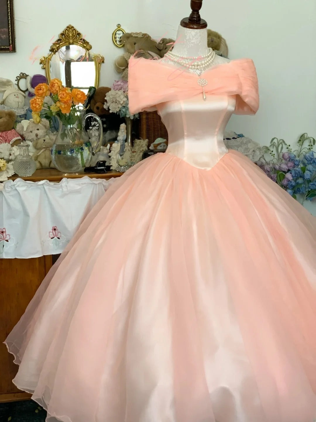 Sweet 16 Dress Blush Pink Ballgown Off Shoulder Tulle With Sleeves Sweet Sixteen Dress RB9723