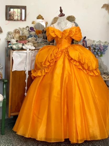 Sweet 16 Dress Ball Gown Spaghetti Straps Orange Satin With Ruched Ruffled Vestido De 15 Sweet Sixteen Dress RB9724
