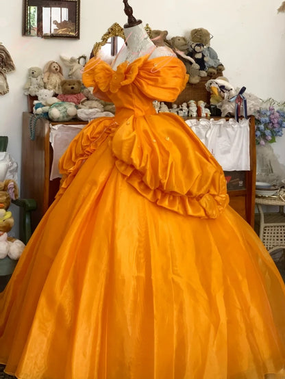 Sweet 16 Dress Ball Gown Spaghetti Straps Orange Satin With Ruched Ruffled Vestido De 15 Sweet Sixteen Dress RB9724