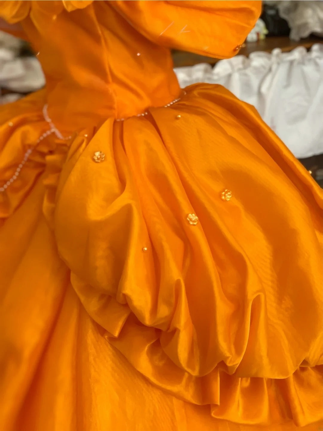 Sweet 16 Dress Ball Gown Spaghetti Straps Orange Satin With Ruched Ruffled Vestido De 15 Sweet Sixteen Dress RB9724