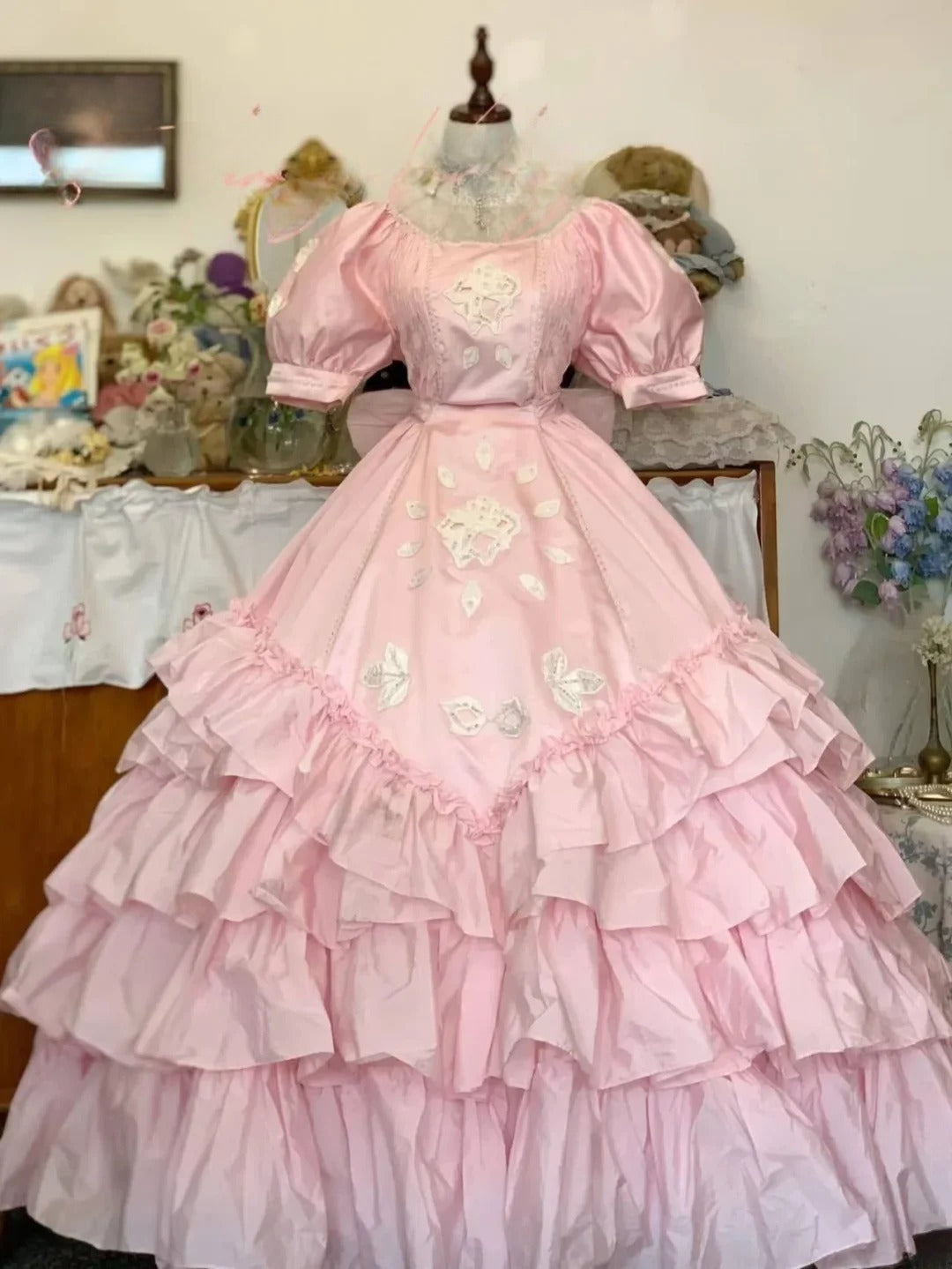 Sweet 16 Dress Pink Ballgown Square Neck Tiered Appliques With Sleeves Sweet Sixteen Dress RB9725