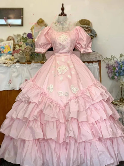 Sweet 16 Dress Pink Ballgown Square Neck Tiered Appliques With Sleeves Sweet Sixteen Dress RB9725