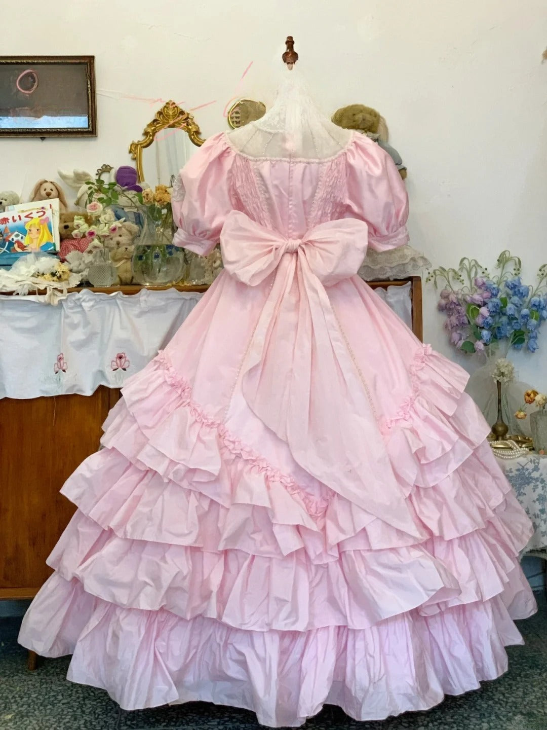 Sweet 16 Dress Pink Ballgown Square Neck Tiered Appliques With Sleeves Sweet Sixteen Dress RB9725