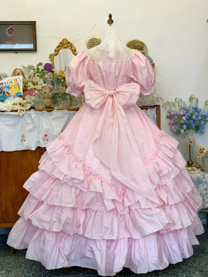 Sweet 16 Dress Pink Ballgown Square Neck Tiered Appliques With Sleeves Sweet Sixteen Dress RB9725