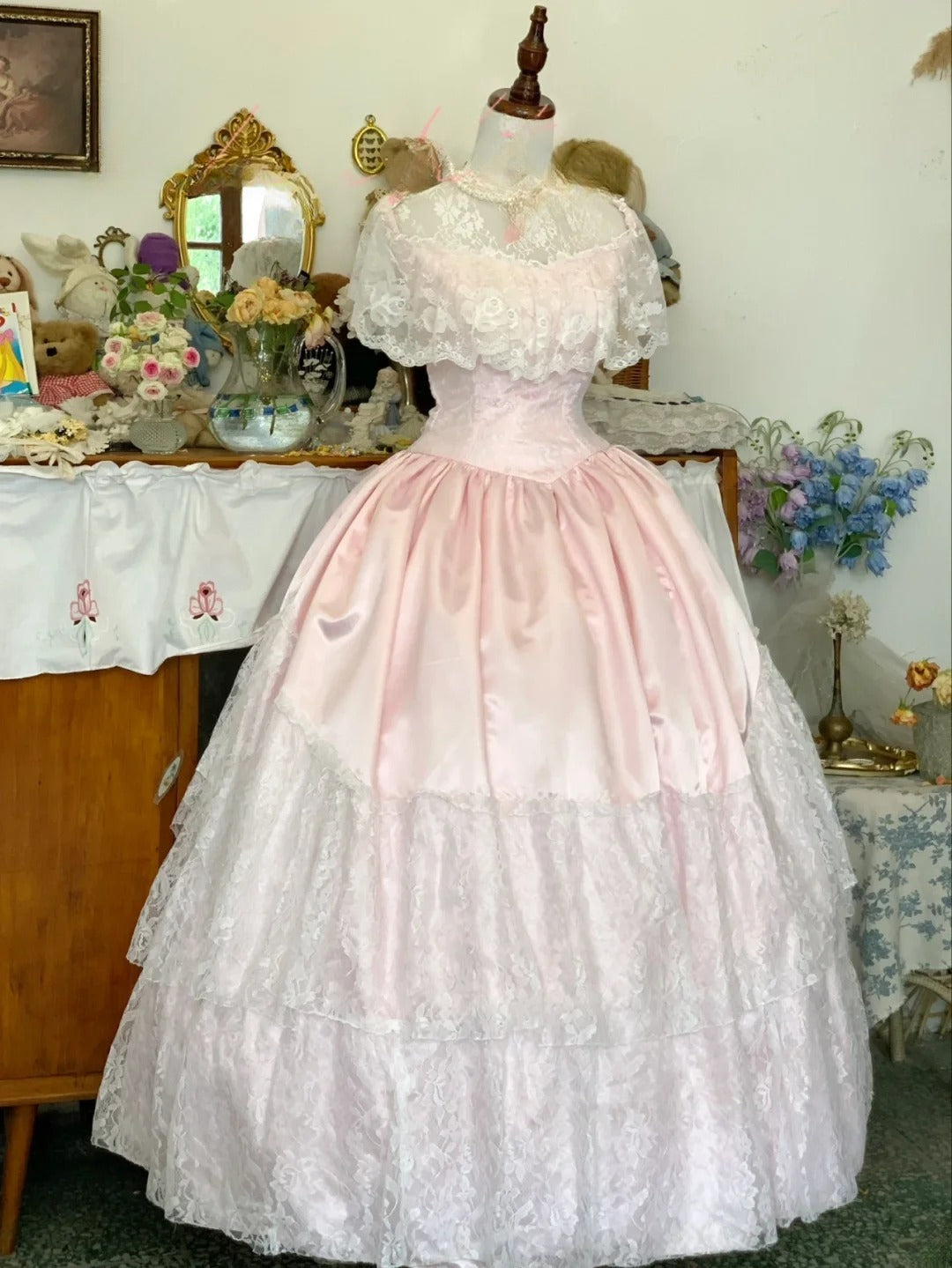 Sweet 16 Dress Ball Gown Pink Lace With High Neck Ruffled Sleeves Vestido De 15 Sweet Sixteen Dress RB9727