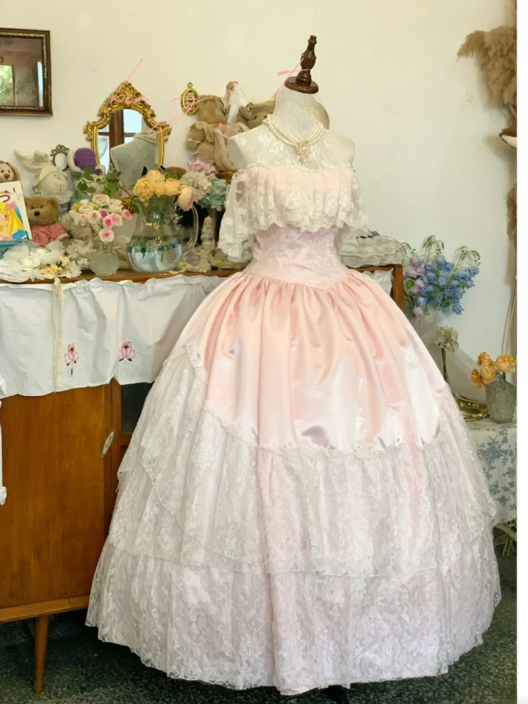 Sweet 16 Dress Ball Gown Pink Lace With High Neck Ruffled Sleeves Vestido De 15 Sweet Sixteen Dress RB9727