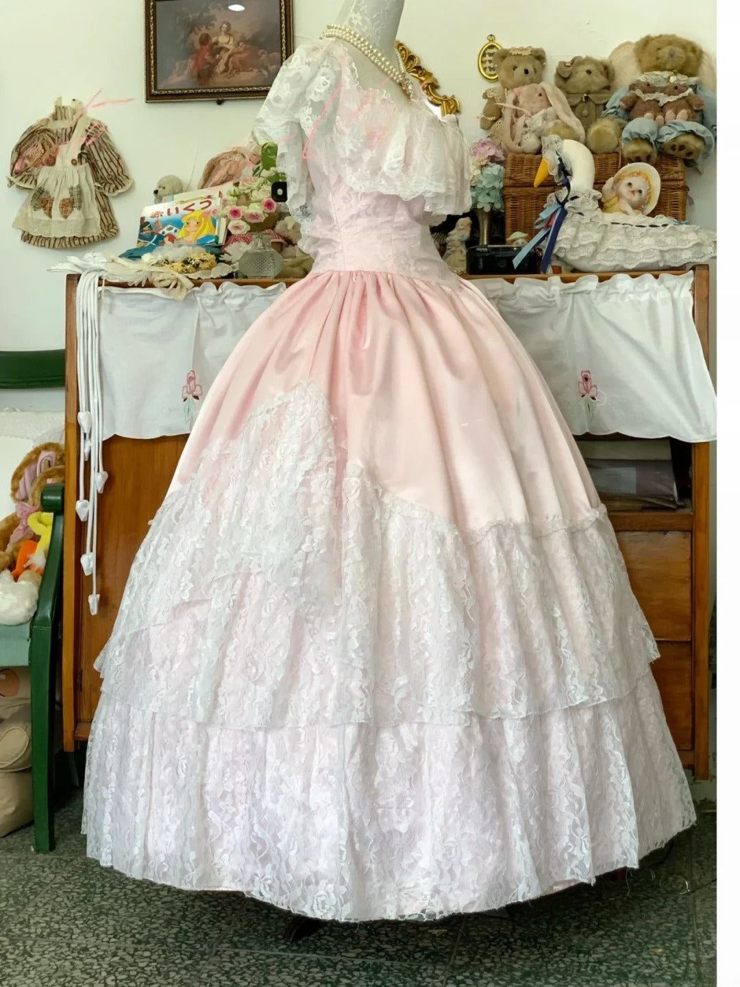 Sweet 16 Dress Ball Gown Pink Lace With High Neck Ruffled Sleeves Vestido De 15 Sweet Sixteen Dress RB9727