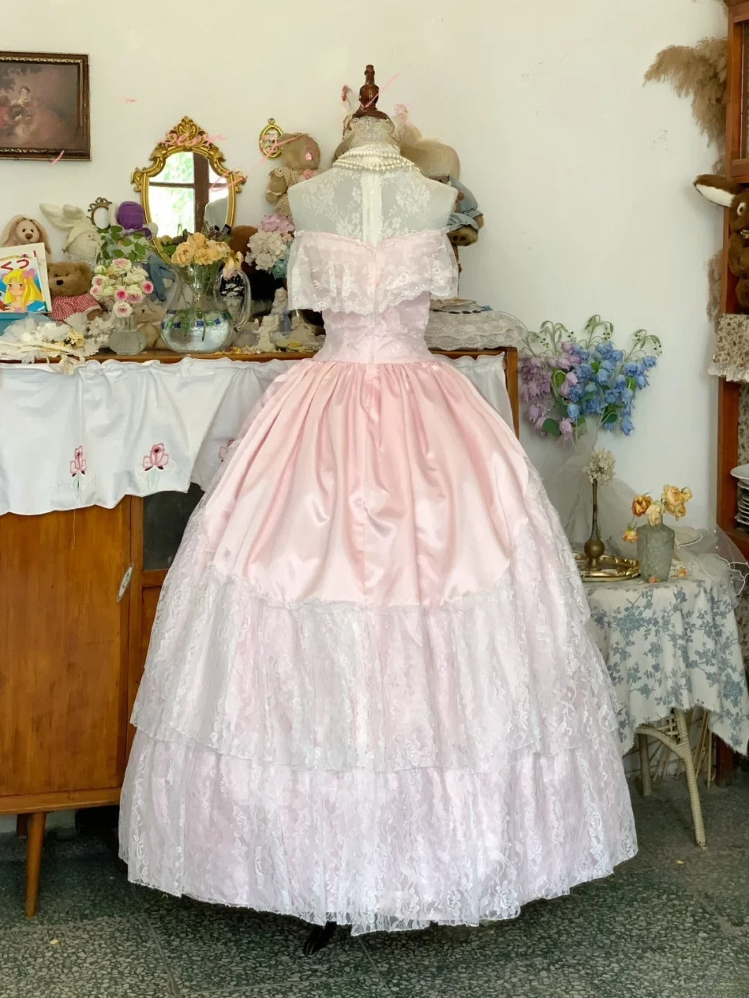 Sweet 16 Dress Ball Gown Pink Lace With High Neck Ruffled Sleeves Vestido De 15 Sweet Sixteen Dress RB9727