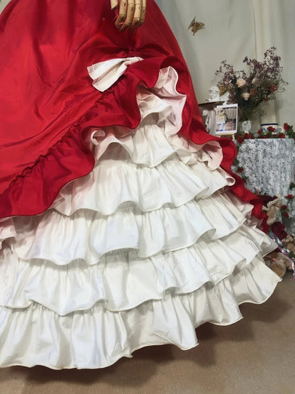 Sweet 16 Dress Red Ball Gown Spaghetti Straps Satin With Tiered Sweet Sixteen Dress RB9728
