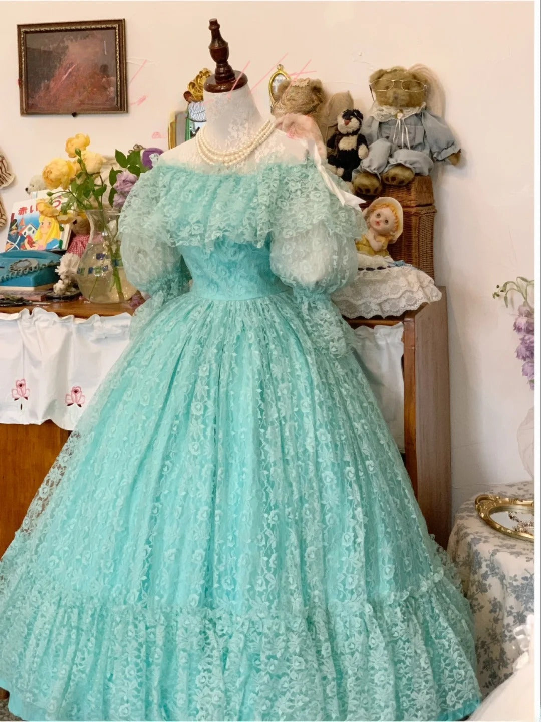 Sweet 16 Dress Ball Gown Blue Lace With Puffy Sleeves Vestido De 15 Sweet Sixteen Dress RB9729