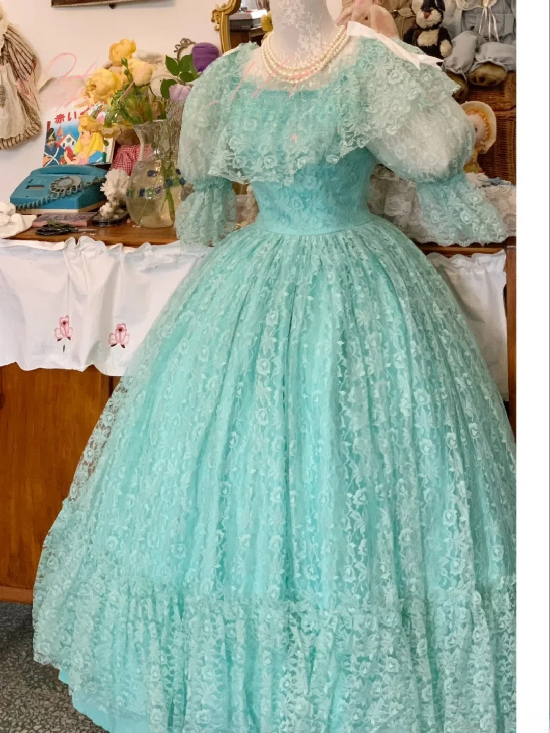 Sweet 16 Dress Ball Gown Blue Lace With Puffy Sleeves Vestido De 15 Sweet Sixteen Dress RB9729