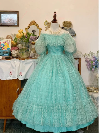 Sweet 16 Dress Ball Gown Blue Lace With Puffy Sleeves Vestido De 15 Sweet Sixteen Dress RB9729