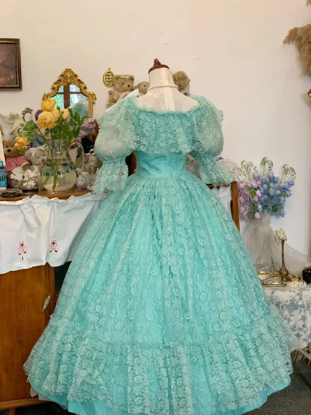 Sweet 16 Dress Ball Gown Blue Lace With Puffy Sleeves Vestido De 15 Sweet Sixteen Dress RB9729