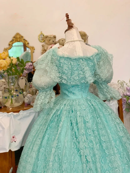 Sweet 16 Dress Ball Gown Blue Lace With Puffy Sleeves Vestido De 15 Sweet Sixteen Dress RB9729