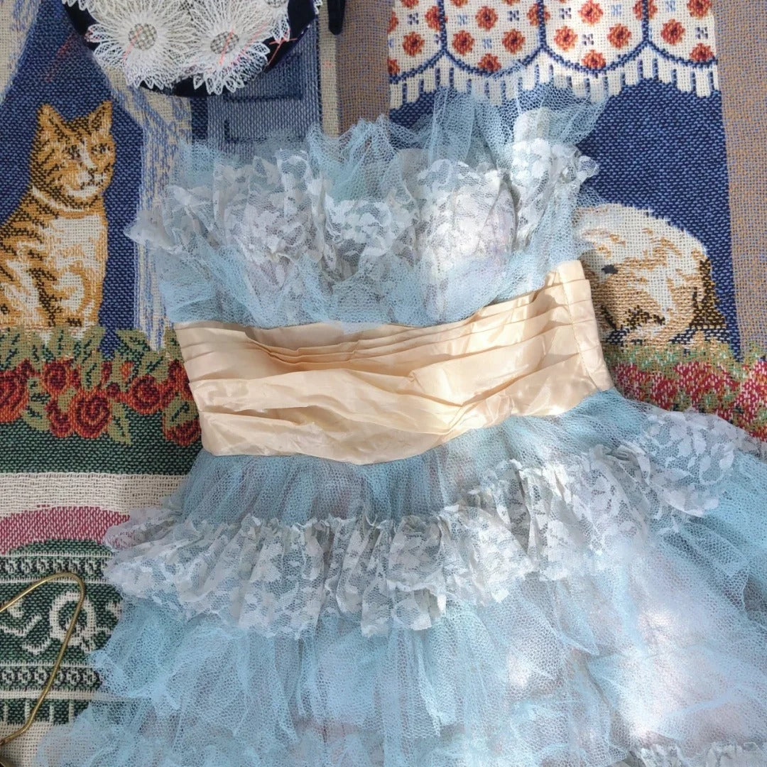 Vintage Hoco Dress Ball Gown Strapless Blue Lace Knee Length Homecoming Party Dresses RB9730