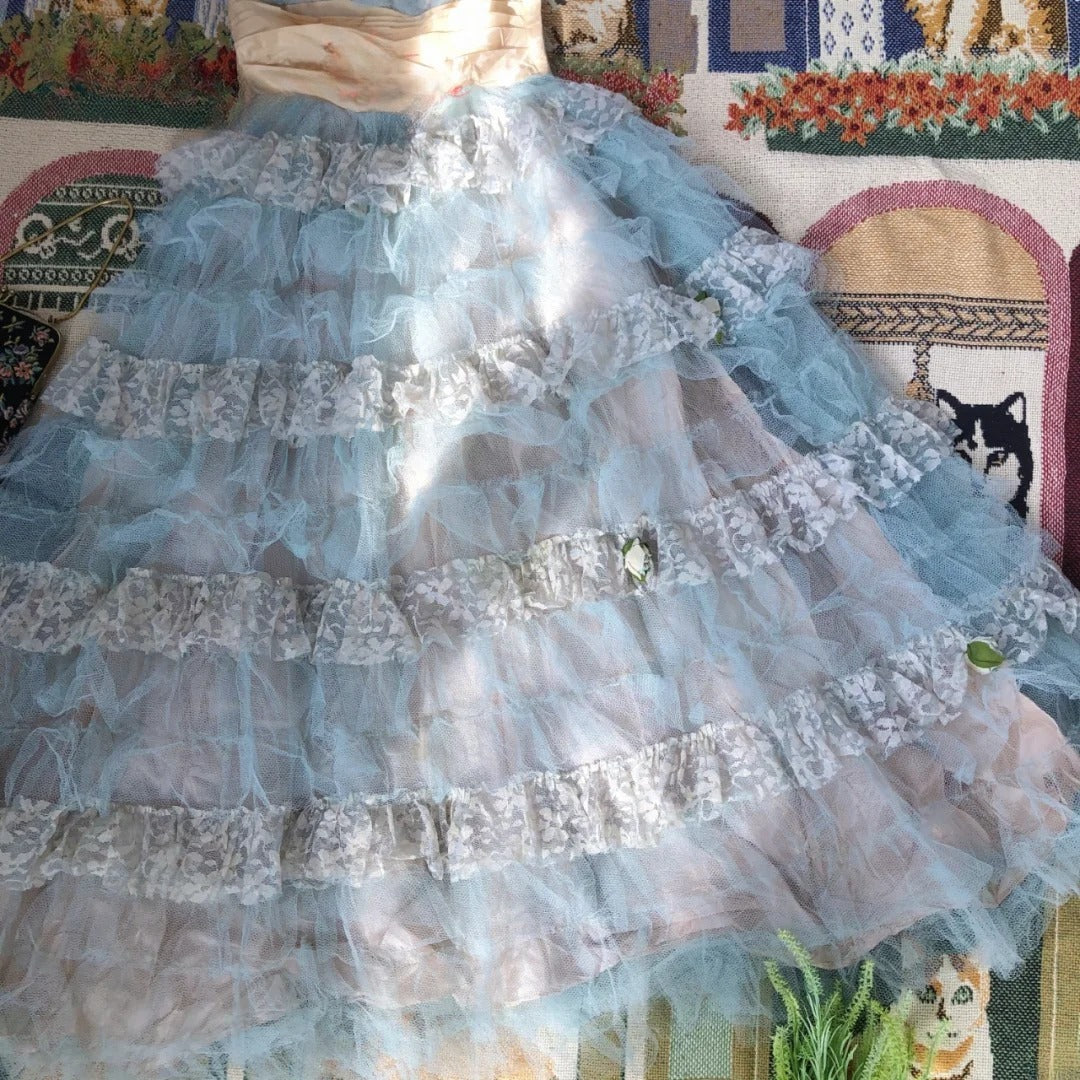 Vintage Hoco Dress Ball Gown Strapless Blue Lace Knee Length Homecoming Party Dresses RB9730