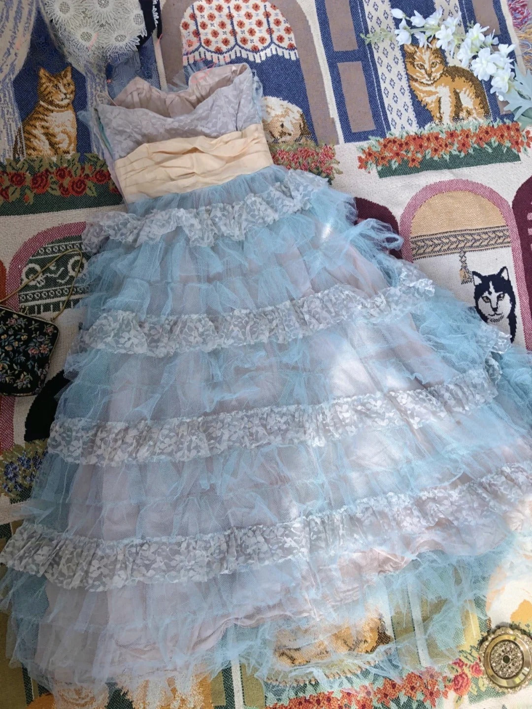 Vintage Hoco Dress Ball Gown Strapless Blue Lace Knee Length Homecoming Party Dresses RB9730
