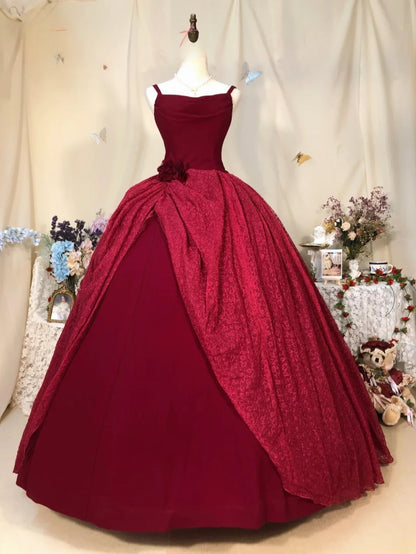 Sweet 16 Dress Burgundy Ball Gown Spaghetti Straps Satin With Tiered Sweet Sixteen Dress RB9731