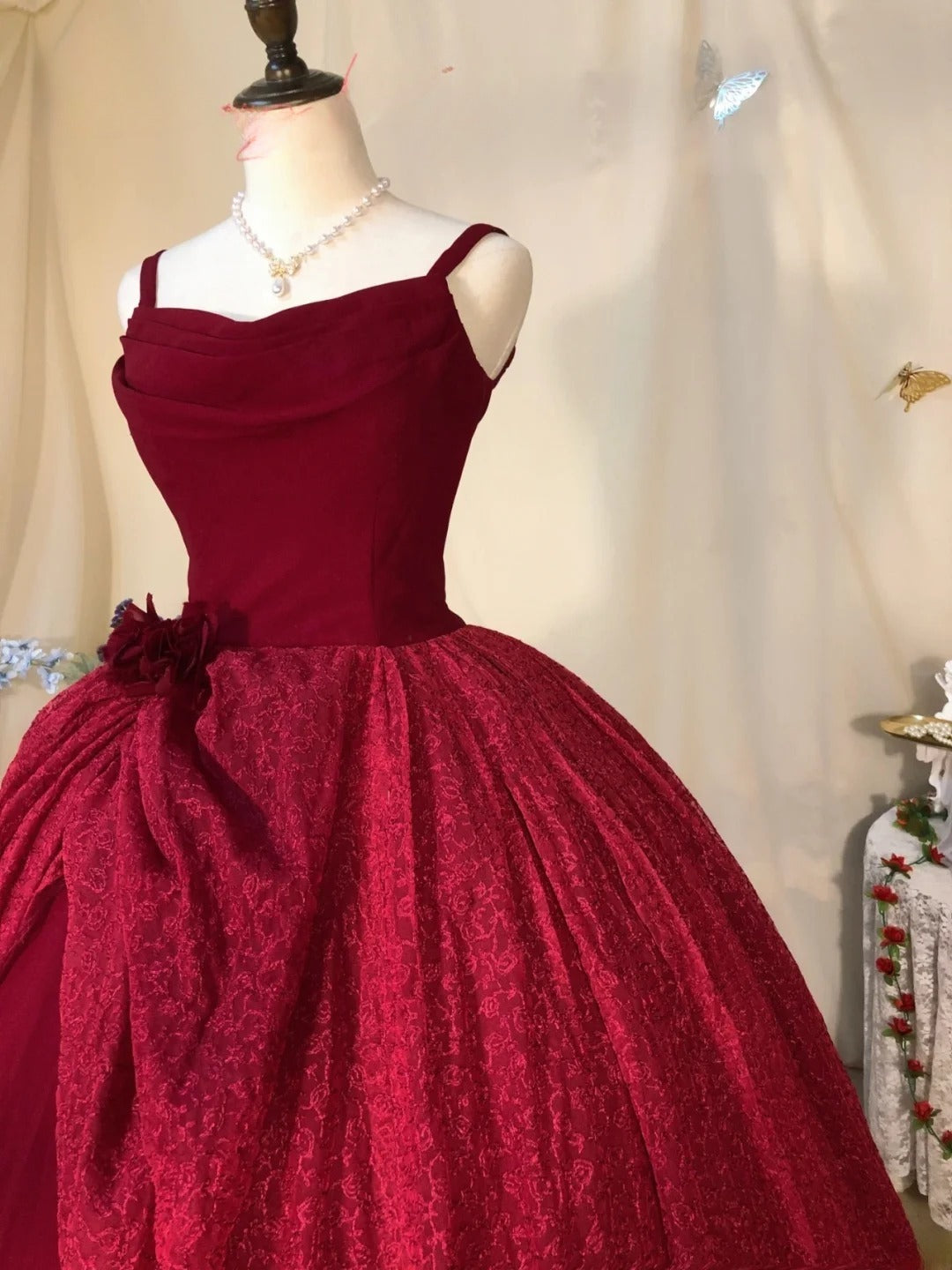 Sweet 16 Dress Burgundy Ball Gown Spaghetti Straps Satin With Tiered Sweet Sixteen Dress RB9731