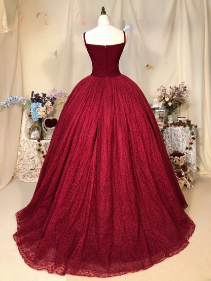 Sweet 16 Dress Burgundy Ball Gown Spaghetti Straps Satin With Tiered Sweet Sixteen Dress RB9731