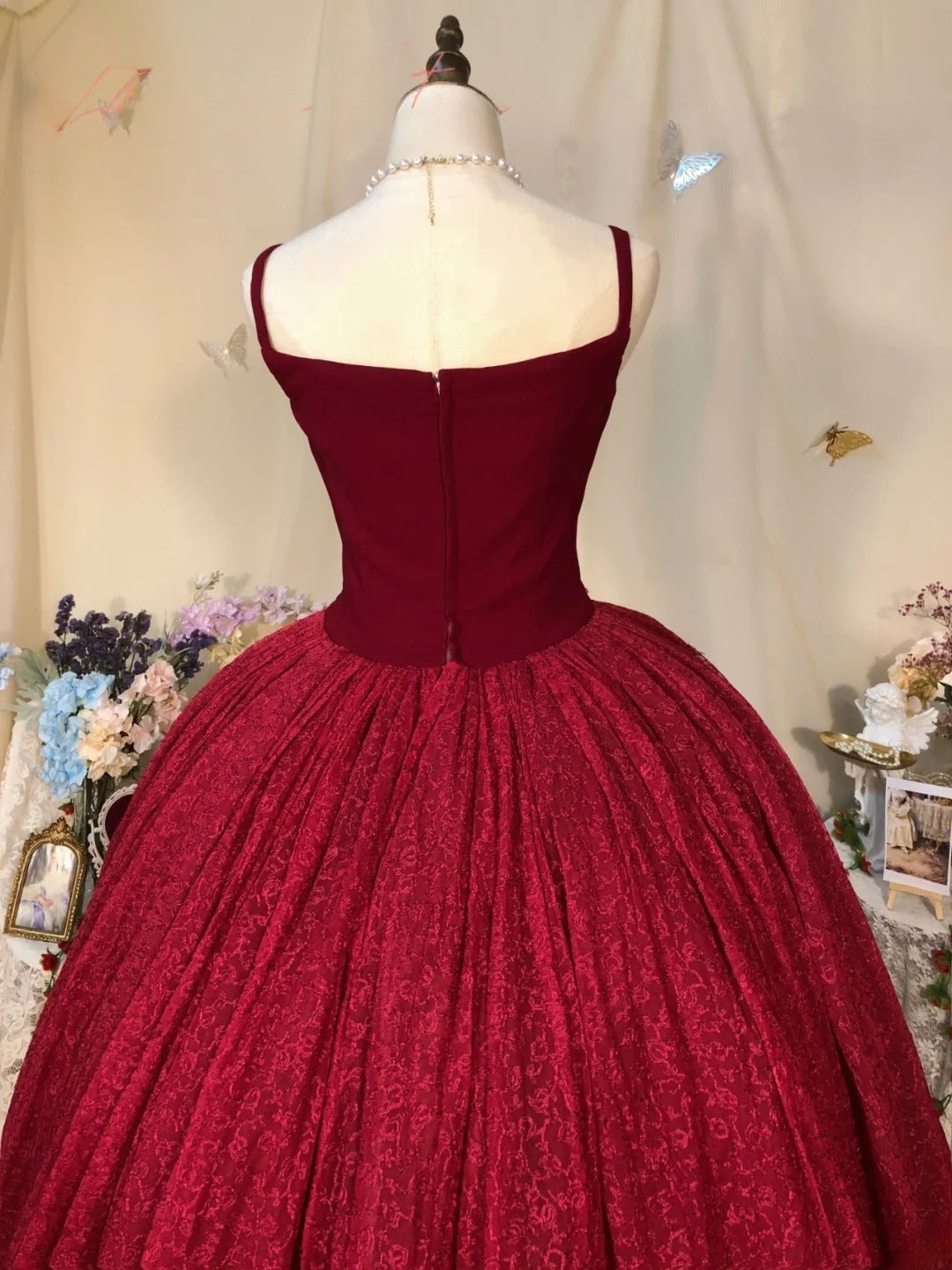 Sweet 16 Dress Burgundy Ball Gown Spaghetti Straps Satin With Tiered Sweet Sixteen Dress RB9731