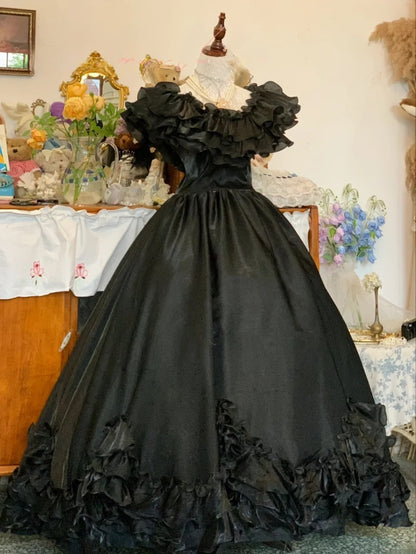 Sweet 16 Dress Black Ball Gown V Neck With Ruffled Sleeves Sweet Sixteen Dress RB9735
