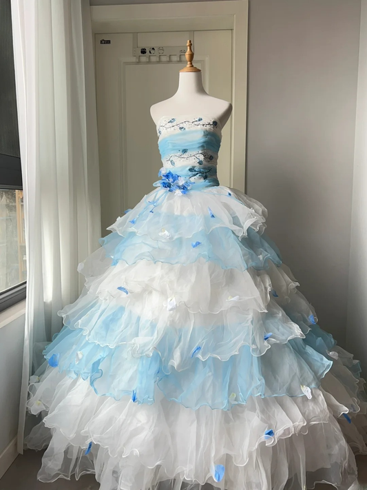 Pretty Quinceanera Dress Ball Gown Strapless Blue White With Layers Tiered 16th Birthday Party Outfit RC1467