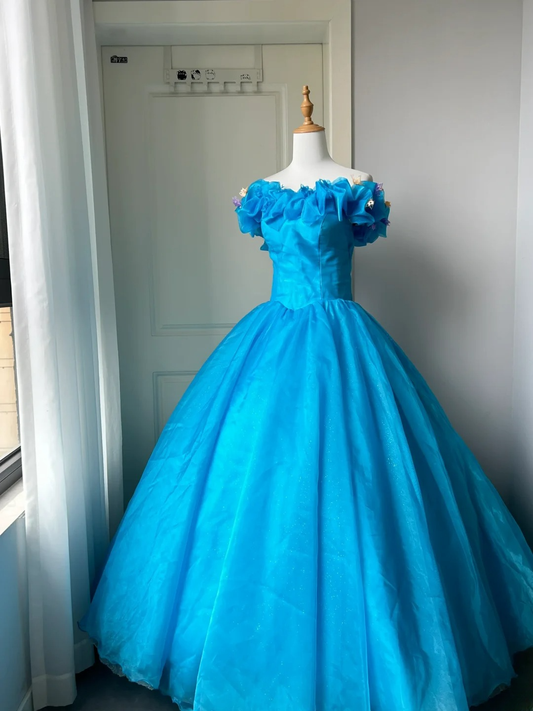 Ball Gown Strapless Off The Shoulder Blue With Ruffled Women's Long Quinceanera Dresses Sweet 16 Quince Dress RC1466