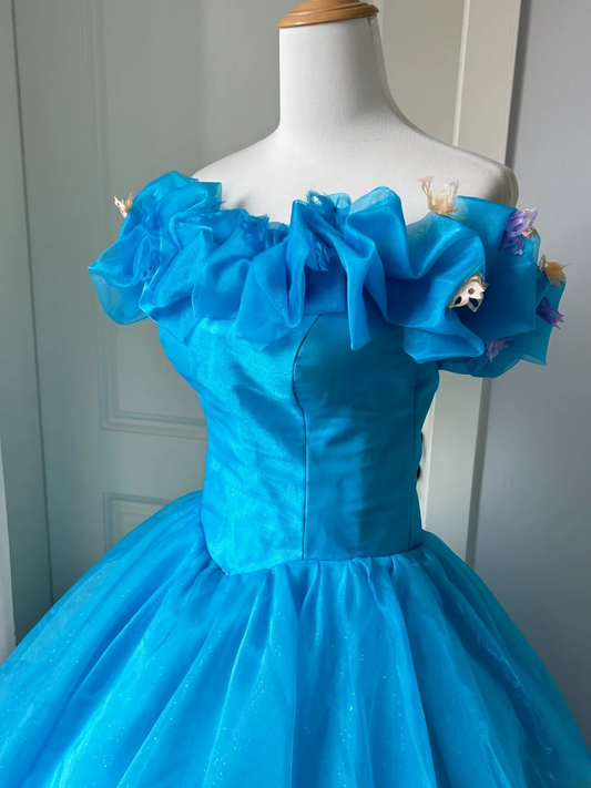 Ball Gown Strapless Off The Shoulder Blue With Ruffled Women's Long Quinceanera Dresses Sweet 16 Quince Dress RC1466