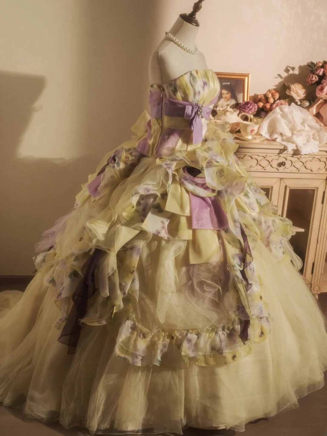 Sweet 16 Dress Ball Gown Strapless Yellow Floral With Tiered Layers Vestido De 15 Sweet Sixteen Dress RB9738