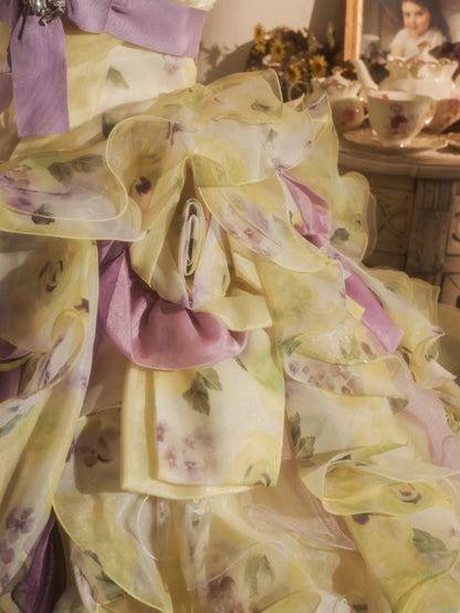 Sweet 16 Dress Ball Gown Strapless Yellow Floral With Tiered Layers Vestido De 15 Sweet Sixteen Dress RB9738