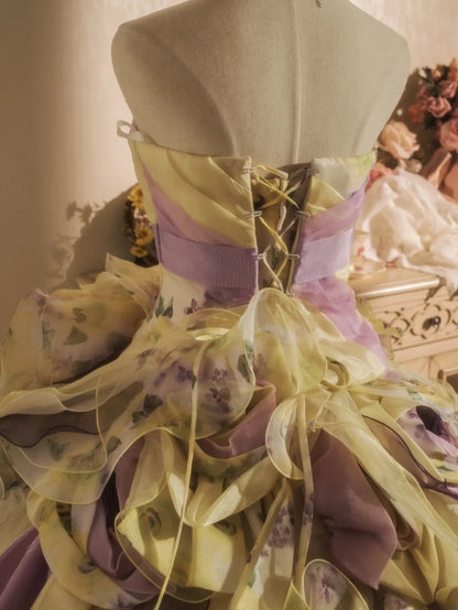 Sweet 16 Dress Ball Gown Strapless Yellow Floral With Tiered Layers Vestido De 15 Sweet Sixteen Dress RB9738