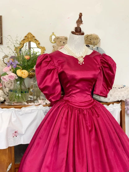 Hot Pink Prom Dress Ball Gown Tea Length Satin Romantic Evening Gown for Prom RB9739
