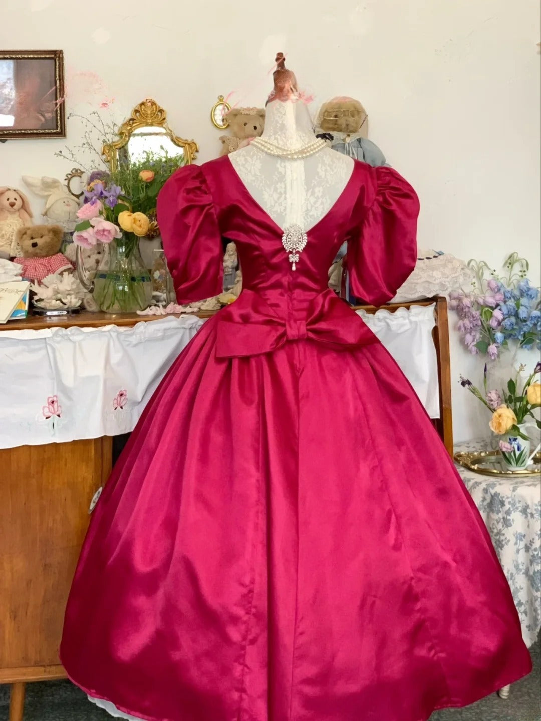 Hot Pink Prom Dress Ball Gown Tea Length Satin Romantic Evening Gown for Prom RB9739