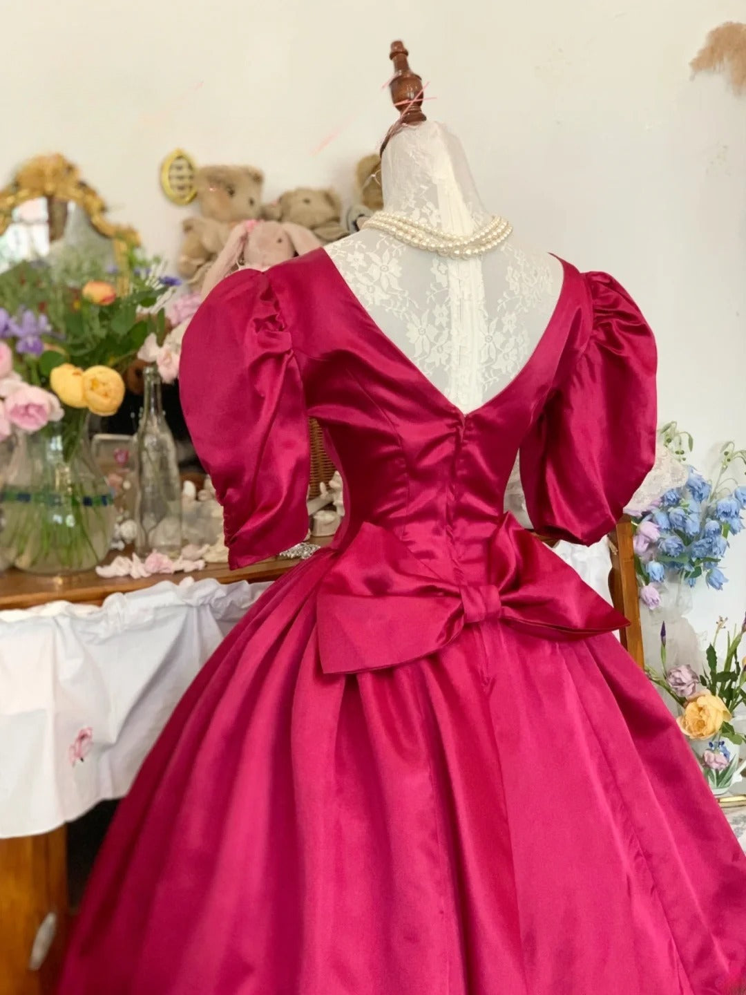 Hot Pink Prom Dress Ball Gown Tea Length Satin Romantic Evening Gown for Prom RB9739