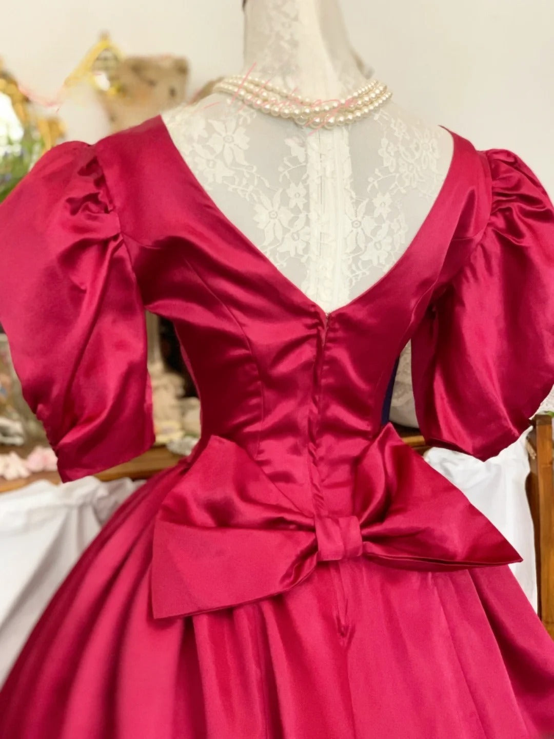 Hot Pink Prom Dress Ball Gown Tea Length Satin Romantic Evening Gown for Prom RB9739