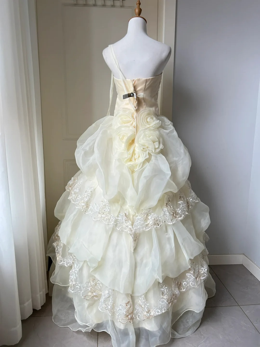 Pretty Quinceanera Dress Ball Gown Sweetheart Yellow With Lace Tiered 18th Birthday Party Outfit RC1463