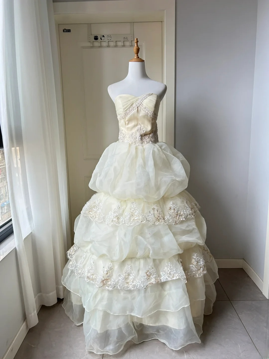 Pretty Quinceanera Dress Ball Gown Sweetheart Yellow With Lace Tiered 18th Birthday Party Outfit RC1463