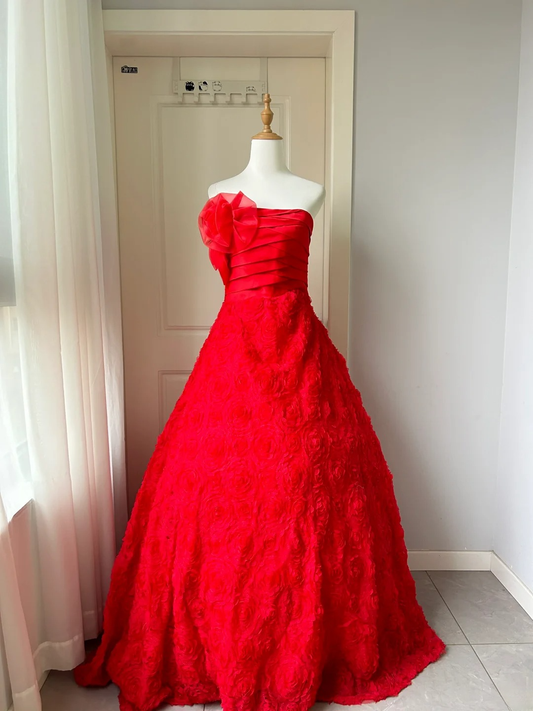 Pretty Quinceanera Dress Ball Gown Strapless Red With Flowers 18th Birthday Party Outfit RC1461