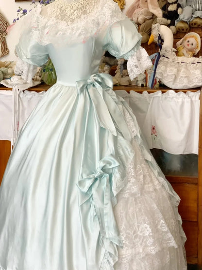 Sweet 16 Dress Light Sky Blue Ball Gown Square Neck With Bow-knot Sleeves Sweet Sixteen Dress RB9741
