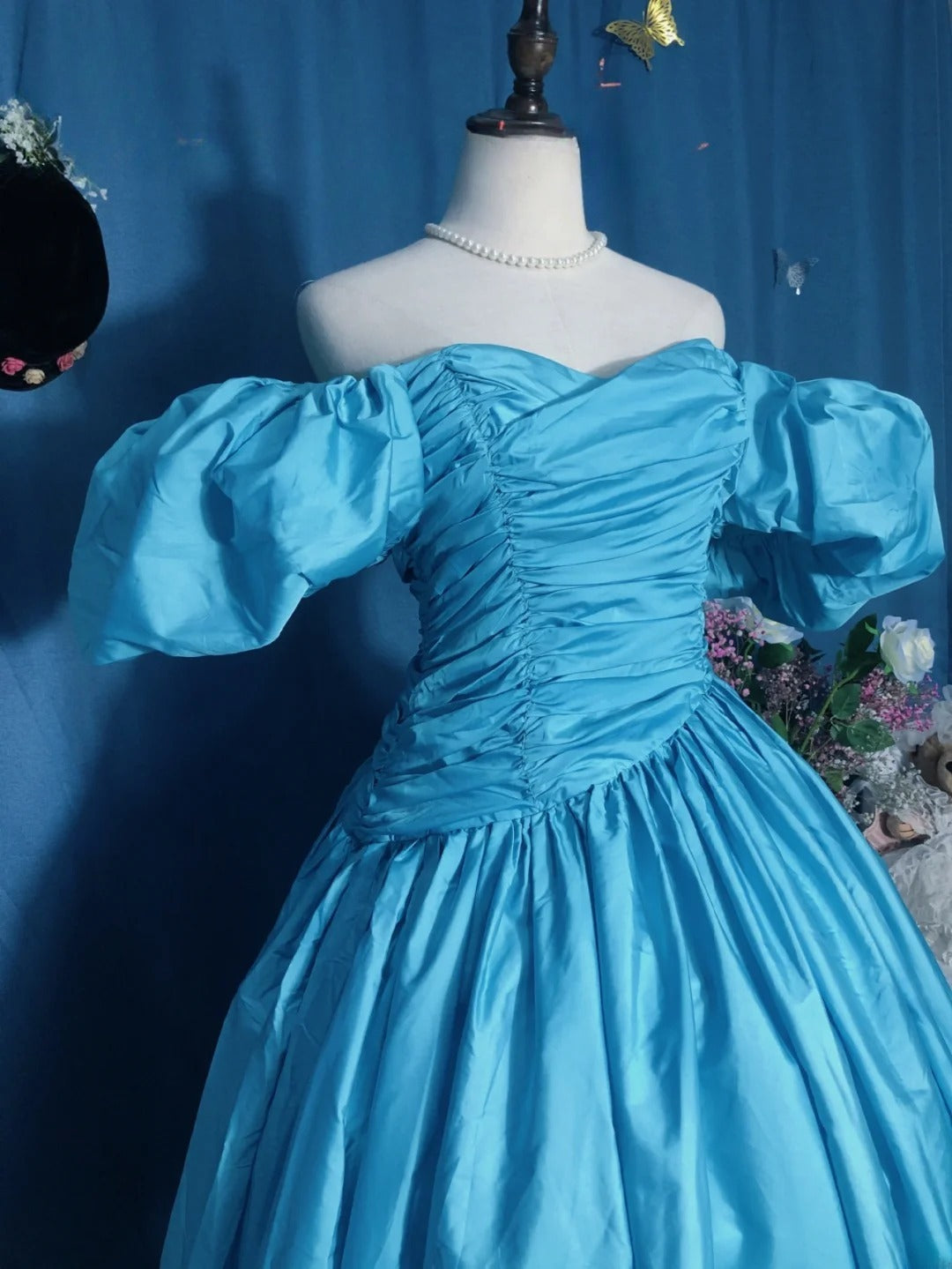 Blue Prom Dress Ball Gown Off Shoulder With Sleeves Satin Romantic Evening Gown for Prom RB9742