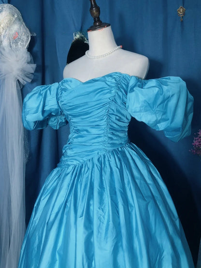 Blue Prom Dress Ball Gown Off Shoulder With Sleeves Satin Romantic Evening Gown for Prom RB9742