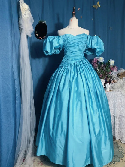 Blue Prom Dress Ball Gown Off Shoulder With Sleeves Satin Romantic Evening Gown for Prom RB9742
