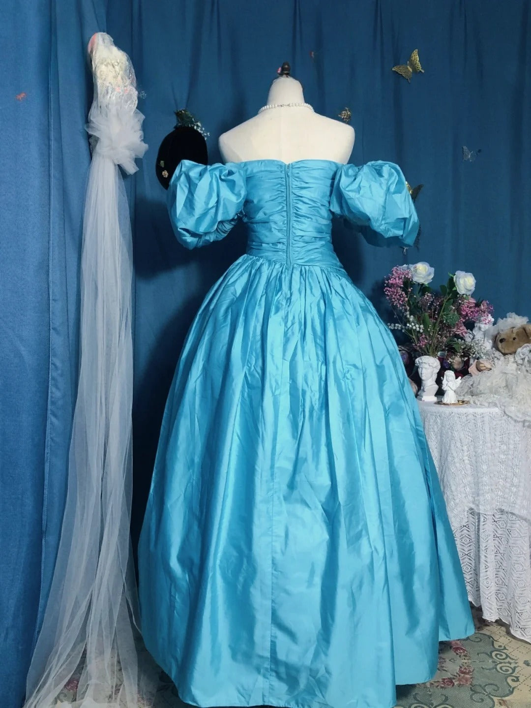 Blue Prom Dress Ball Gown Off Shoulder With Sleeves Satin Romantic Evening Gown for Prom RB9742