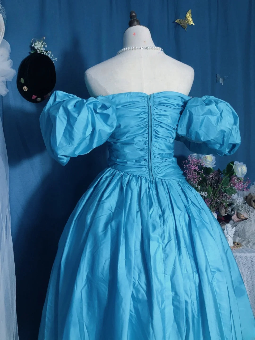 Blue Prom Dress Ball Gown Off Shoulder With Sleeves Satin Romantic Evening Gown for Prom RB9742