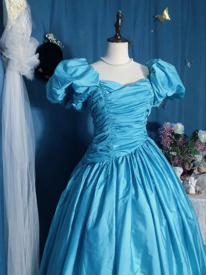 Blue Prom Dress Ball Gown Off Shoulder With Sleeves Satin Romantic Evening Gown for Prom RB9742